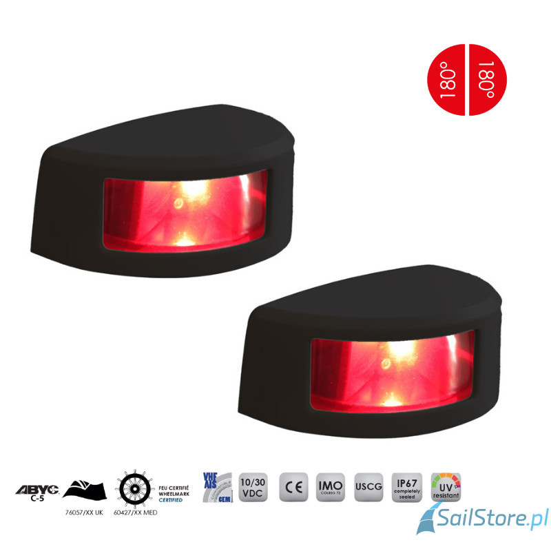 Lampa nawigacyjna NAVISLIM burtowa czerwona 2x180°, 2NM, 10-30V, montaż poziomy, obudowa czarna