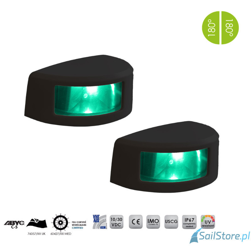 Lampa nawigacyjna NAVISLIM burtowa zielona 2x180°, 2NM, 10-30V, montaż poziomy, obudowa czarna