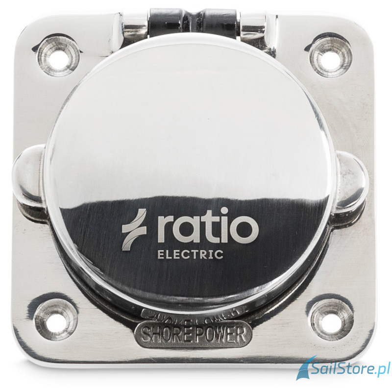 Ratio Zewnętrzne gniazdo zasilania MP16-230 z klapką, stal nierdzewna, kwadratowe, 16A/250V Schuko
