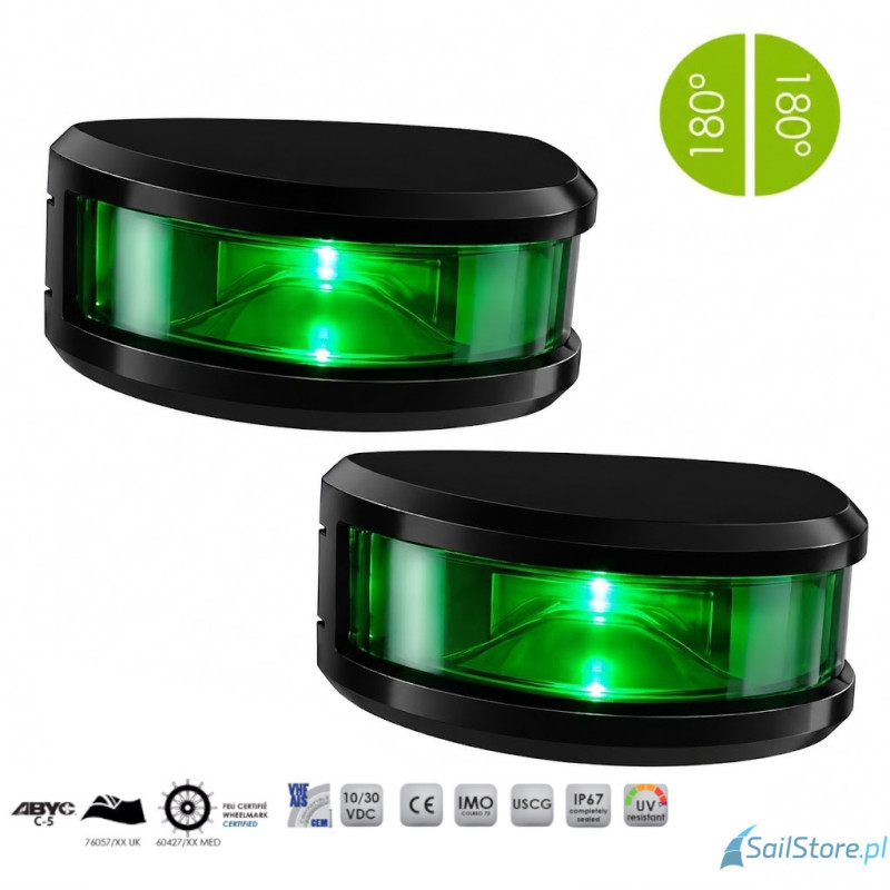Lampa nawigacyjna NAVISLIM burtowa zielona 2x180°, 2NM, 10-30V, montaż poziomy, obudowa czarna