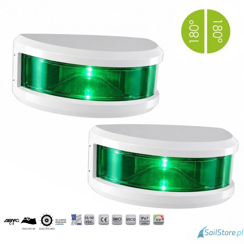 Lampa nawigacyjna NAVISLIM burtowa zielona 2x180°, 2NM, 10-30V, montaż poziomy, obudowa biała
