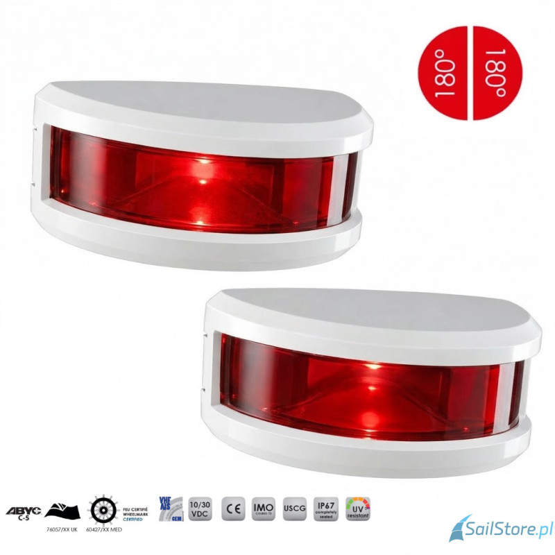 Lampa nawigacyjna NAVISLIM burtowa czerwona 2x180°, 2NM, 10-30V, montaż poziomy, obudowa biała